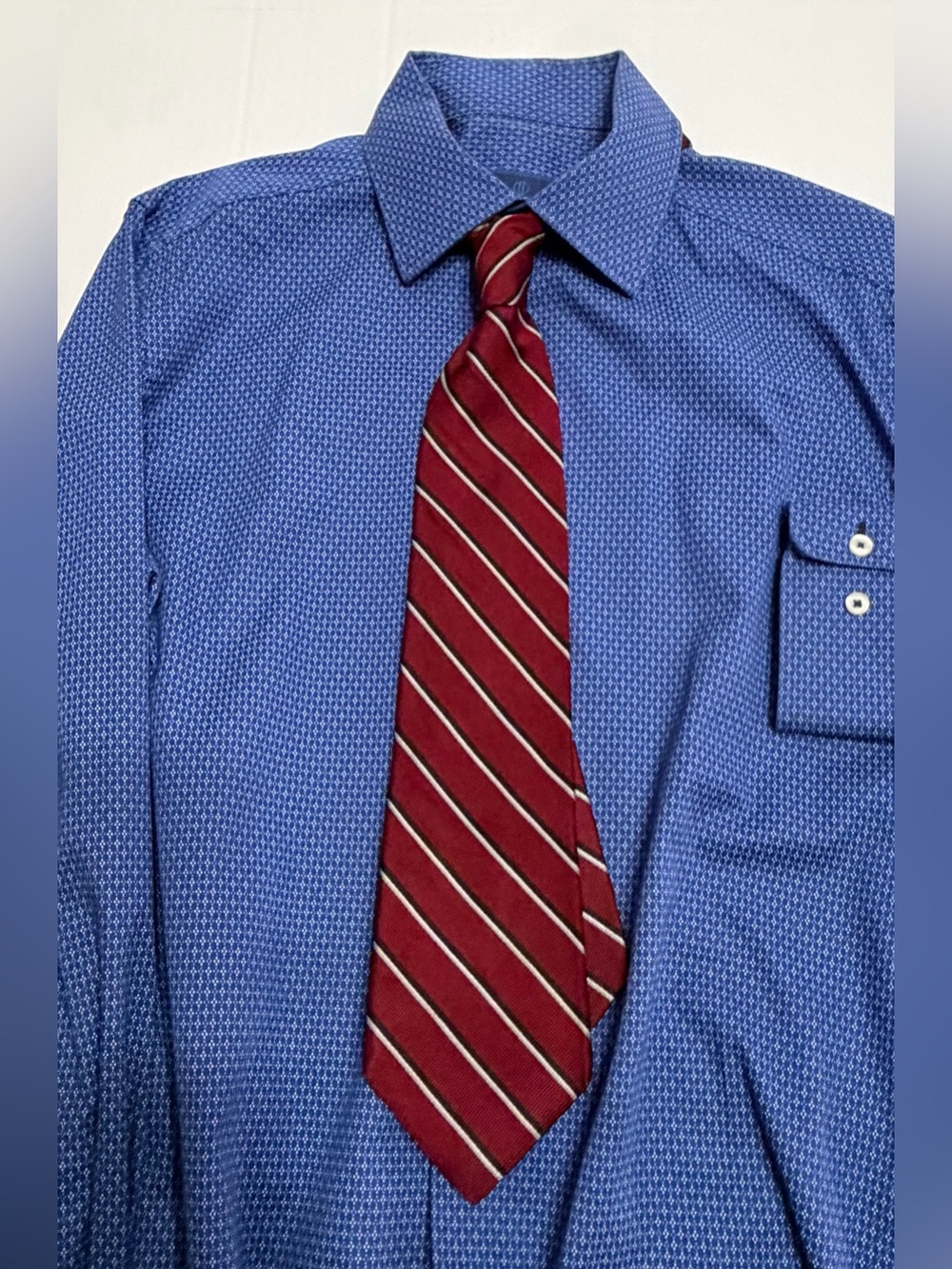 David Donahue Trim Dress Shirt 16 32/33 Blue Geometric + M Sussex Silk Tie